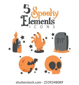 Halloween icon set featuring skull, ghost, bats, and more Vector illustration