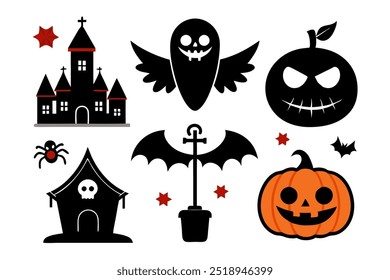 A Halloween icon set featuring spooky symbols like pumpkins, ghosts, bats, witches, and haunted houses, ideal for Halloween-themed designs, invitations, party decorations, and seasonal promotions.