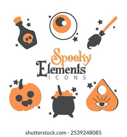 Halloween icon set featuring witch cauldron, potion, pumpkin, and more Vector illustration