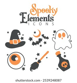 Halloween icon set featuring witch hat, ghost, bats, and more Vector illustration