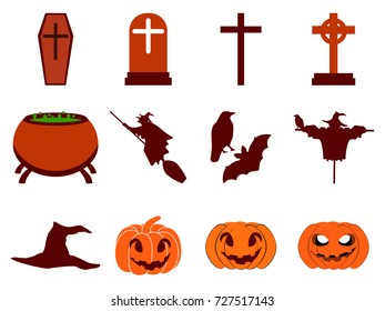 Halloween icon set flat isolated on white background. Vector illustration