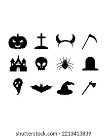 Halloween icon set in flat style. Halloween icon set isolated on white background. Perfect for coloring book, textiles, icon, web, painting, books, t-shirt print. 