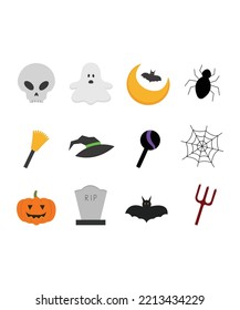 Halloween icon set in flat style. Halloween icon set isolated on white background. Perfect for coloring book, textiles, icon, web, painting, books, t-shirt print. 