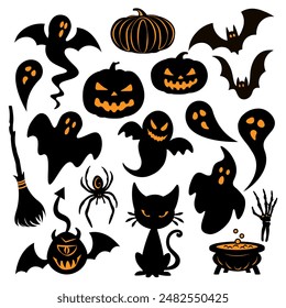 Halloween icon set of flying ghosts, monsters, carved pumpkins, cat, broom, spider, cauldron, bats. Vector illustration, decorative elements isolated on white background, stickers.