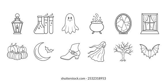 Halloween Icon Set with Ghost, Pumpkins, Cauldron, Bats, Lantern, Witch Elements for Coloring