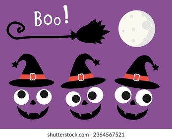 Halloween icon set with ghost, wizard hat, moon, broom and hand written font on purple background vector.