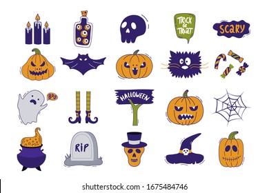 Halloween icon set. Hand-drawn vector illustration with pumpkins, tombstone, skull, ghost, bat, hat, cat and etc.  It can be used for halloween party, posters, greeting cards, fashion design.