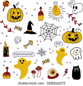 Halloween icon set. Hand-drawn vector illustration with magic objects and symbols of autumn.
