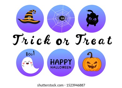Halloween icon set with hat, spider, black cat, ghost, pumpkin and hand drawn text vector illustration.