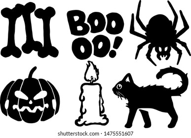 Halloween icon set in high contrast cartoon style: a set of bones, a spooky sound, a spider, a malicious pumpkin, a candle and a black cat.