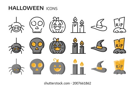 Halloween icon set. Holiday illustration. Vector symbols in linear and flat style.