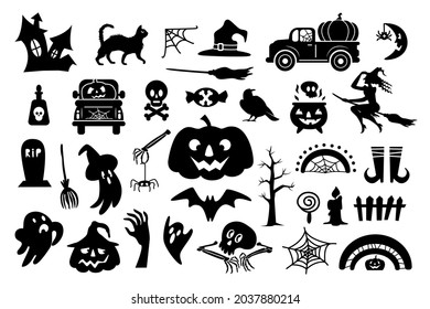 Halloween icon set with holiday symbol for celebration isolated on white background. Vector outline illustration. Design for greeting card, flyer, banner, print