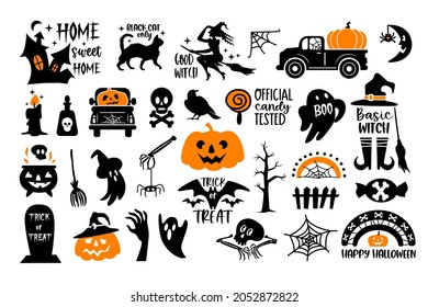 Halloween icon set with holiday symbol for celebration isolated on white background. Vector outline illustration. Design for greeting card, flyer, banner, print