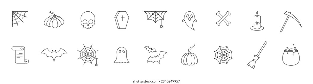 Halloween icon set. Halloween horror signs. Cobweb, ghost, pumpkin, bat icon collection