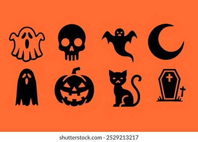 Halloween icon set with icons of ghost, skull, moon, pumpkin, cat and graveyard