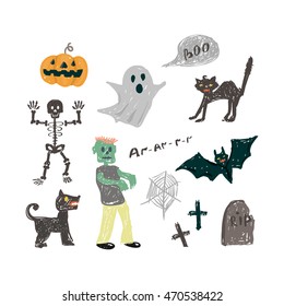 Halloween icon set illustration.Vector halloween design element in doodle style hand draw.Halloween in children style isolated on a white background