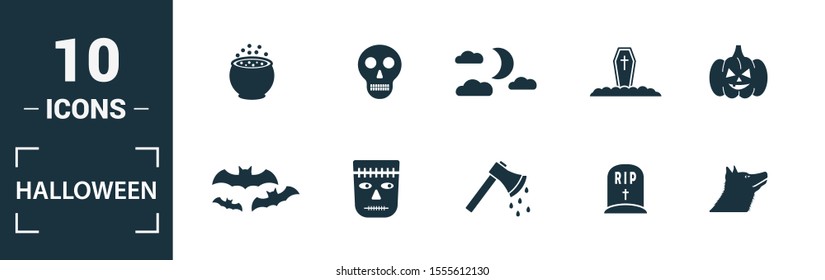 Halloween icon set. Include creative elements skeleton, coffin, skull, bats, vampire icons. Can be used for report, presentation, diagram, web design.
