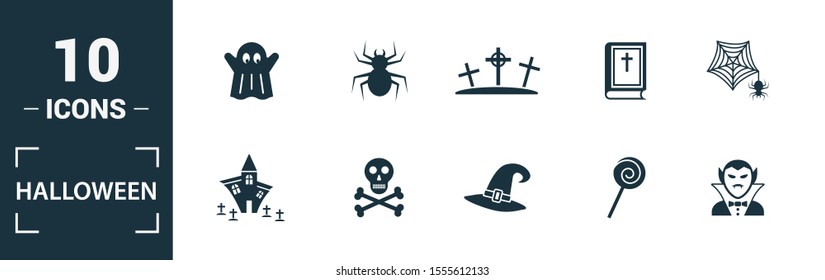 Halloween icon set. Include creative elements skeleton, coffin, skull, bats, vampire icons. Can be used for report, presentation, diagram, web design.