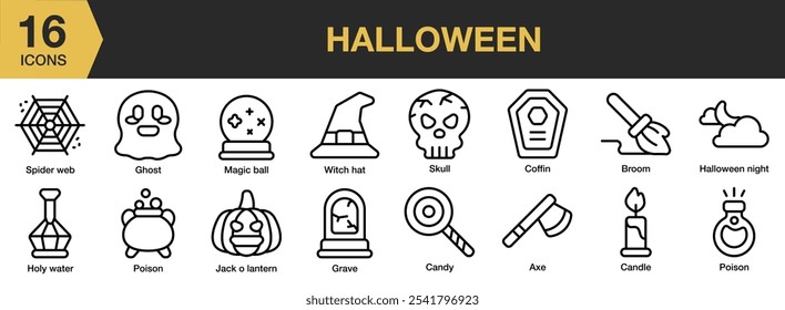 Halloween icon set. Includes axe, broom, candle, candy, coffin, ghost, grave, and More. Outline icons vector collection.