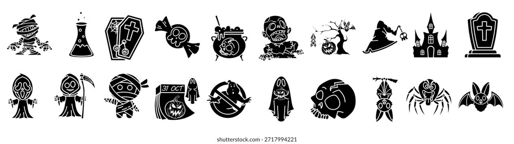 Conjunto de ícones de Halloween. incluindo abóboras, fantasmas, bruxas, múmia, zumbis, castelo, morcegos e caldeirões. Ícone sólido editável. Ilustração vetorial