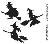 Halloween icon set isolated on a white background. vector art, Emotional flying witch silhouette clipart.