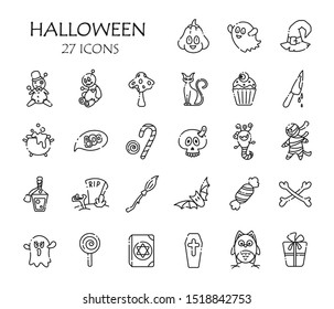 Halloween icon set - isolated vector outline signs on white, scary creepy characters, objects - pumpkin, ghost, monster, broom, bat, candy, skull, voodoo doll, traditional holiday symbols line