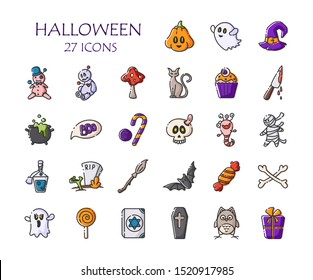 Halloween icon set - isolated vector outline colored signs on white, scary creepy characters, objects - pumpkin, ghost, monster, broom, bat, candy, skull, voodoo doll, traditional holiday symbols