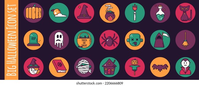 Halloween icon set. Isolated colorаul vector illustration. Halloween symbols and characters. Pumpkin, witch, hat, spider, bat, zombie, vampire, poison, full moon, magic cat, ghost. Linear flat style