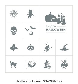 halloween icon set with jack o lantern, witch, cat, bat, skull