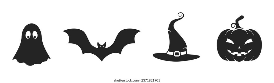 halloween icon set. jack o lantern, witch hat, bat and ghost symbols. isolated vector images