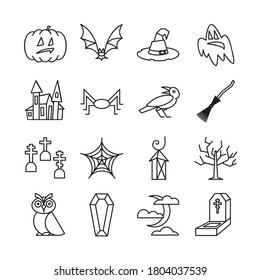 Halloween icon set in line art style isolated on white background. Vector Illustration