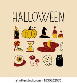 Halloween icon set. Magic doodle and text. Hand-drawn vector illustration with pumpkin, magic objects, sweets, black cat.