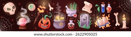 Halloween icon set. Magic witch cartoon isolated objects. Game elements, wizard tale book. Stick of fairy, pot, skull, cauldron with potion. Alchemy bottle. Vector garish sticker witchcraft collection