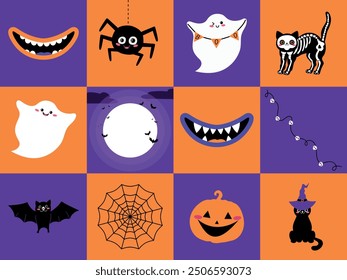 Halloween icon set. Monster mouth, spider, ghost, black cat, full moon, pumpkin. Vector illustration