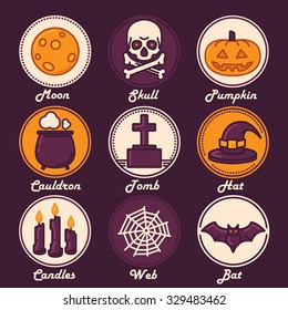 Halloween Icon Set (Moon, Skull, Pumpkin, Cauldron, Tomb, Hat, Candles, Web, Bat). Trendy Thin Line Design with Flat Elements. Vector Illustration.