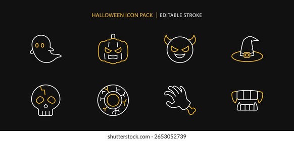 Ícone de Halloween definido para férias de outubro, incluindo fantasma branco, abóbora de Halloween, Jack o lanterna, Diabo ou Demônio, Skull esqueleto, chapéu bruxa, vampiro, mão zumbi, Drácula vampiro. Ícones de estrutura de tópicos de horror
