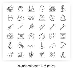 Halloween icon set in outline style, with black outline color, no fill. Covering various Halloween, magic, and horror related topics.