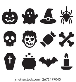 Halloween Icon Set Pack 10 Minimalista Negro y Blanco Vector Ico