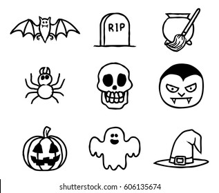 Halloween icon set in a painted watercolor ink rough grungy hand drawn style