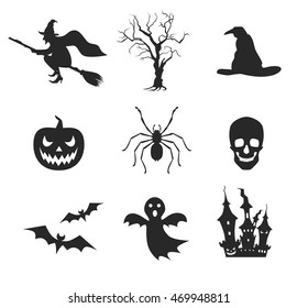 Halloween icon set with pumpkin, ghost and spider at white background