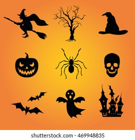 Halloween icon set with pumpkin, ghost and spider at orange background