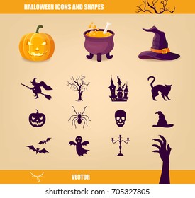 Halloween icon set with pumpkin, hat, cauldron, witch, castle and ghost. Vector shapes.