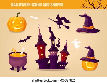 Halloween icon set with pumpkin, hat, cauldron, witch, castle and ghost. Vector shapes.