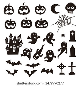 Halloween icon set, pumpkin, haunted house, ghost, bat, spider, grave and skull