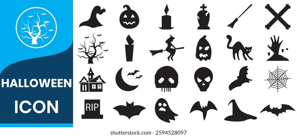 Halloween icon. Halloween icon set. Silhouette style. Halloween themed black and white images of witches, ghosts, pumpkins, and other spooky creatures. 