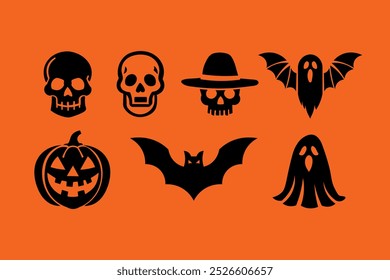 Un icono de Halloween con calaveras, fantasmas, murciélagos y calabazas