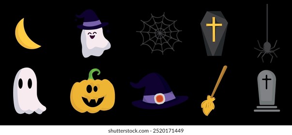 Conjunto de iconos de Halloween. Iconos de la Ilustración vectorial temática de Halloween, patrones
