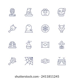 Halloween icon set. Thin line icon. Editable stroke. Containing mummy, halloween candy, candy, skull, devil, cross, cake, witch hat, tombstone, poison, spiderweb.