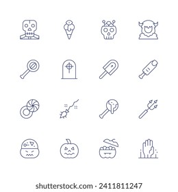 Halloween icon set. Thin line icon. Editable stroke. Containing skull, halloween candy, halloween, candies, yeti, finger, trident, dead, ice cream, tombstone, magic broom.