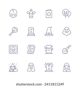 Halloween icon set. Thin line icon. Editable stroke. Containing skull, halloween candy, halloween, postcard, balloons, ghost, witch hat, haunted, tombstone, grim reaper, bottle, tomb, coffin.